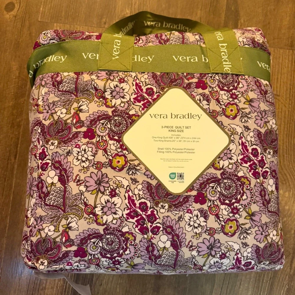 Vera Bradley Quilt Set King Lavender Plum Floral 3-Piece Reversible Bedding